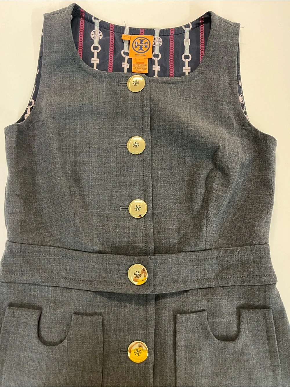 Tory Burch Sleeveless Gray Button-Front Wool Blend Sheath Dress size 8